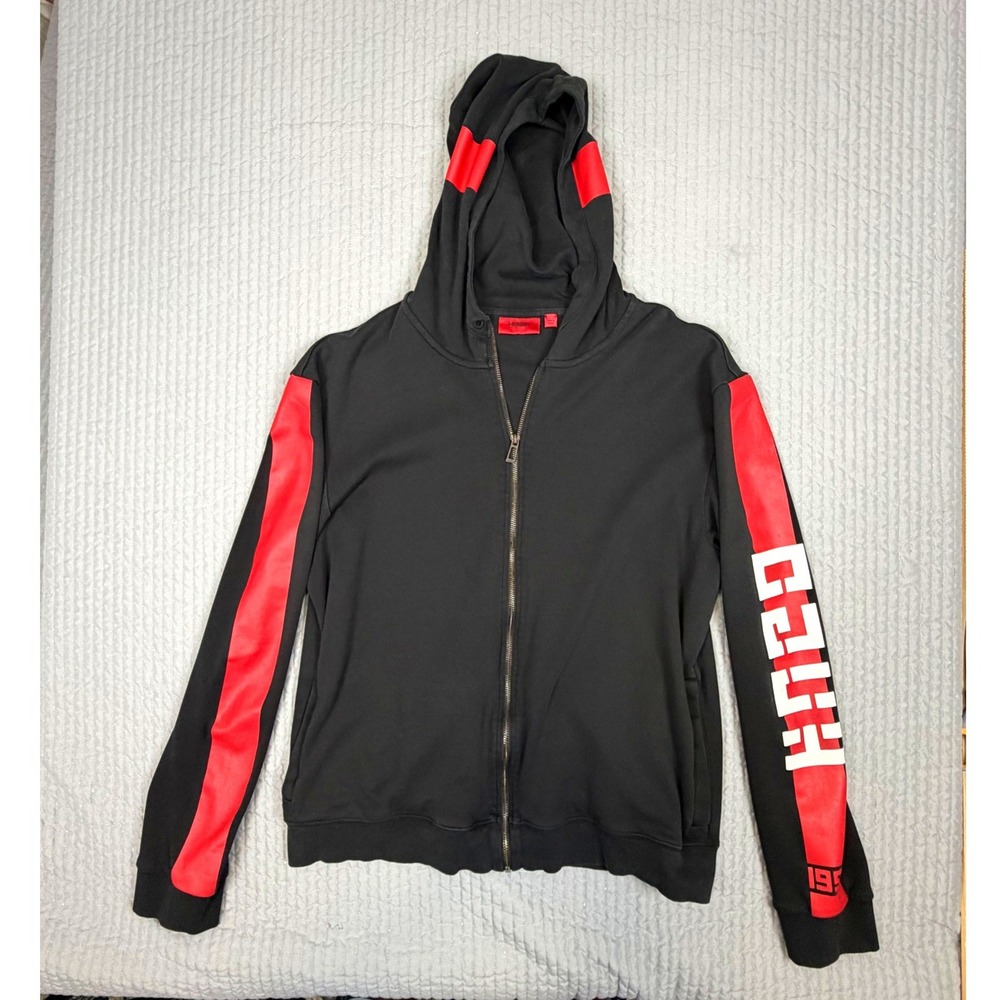 Hugo Boss Mens XL Black Full Zip Hoodie Red Stripe Sleeve Logo Sweatshirt